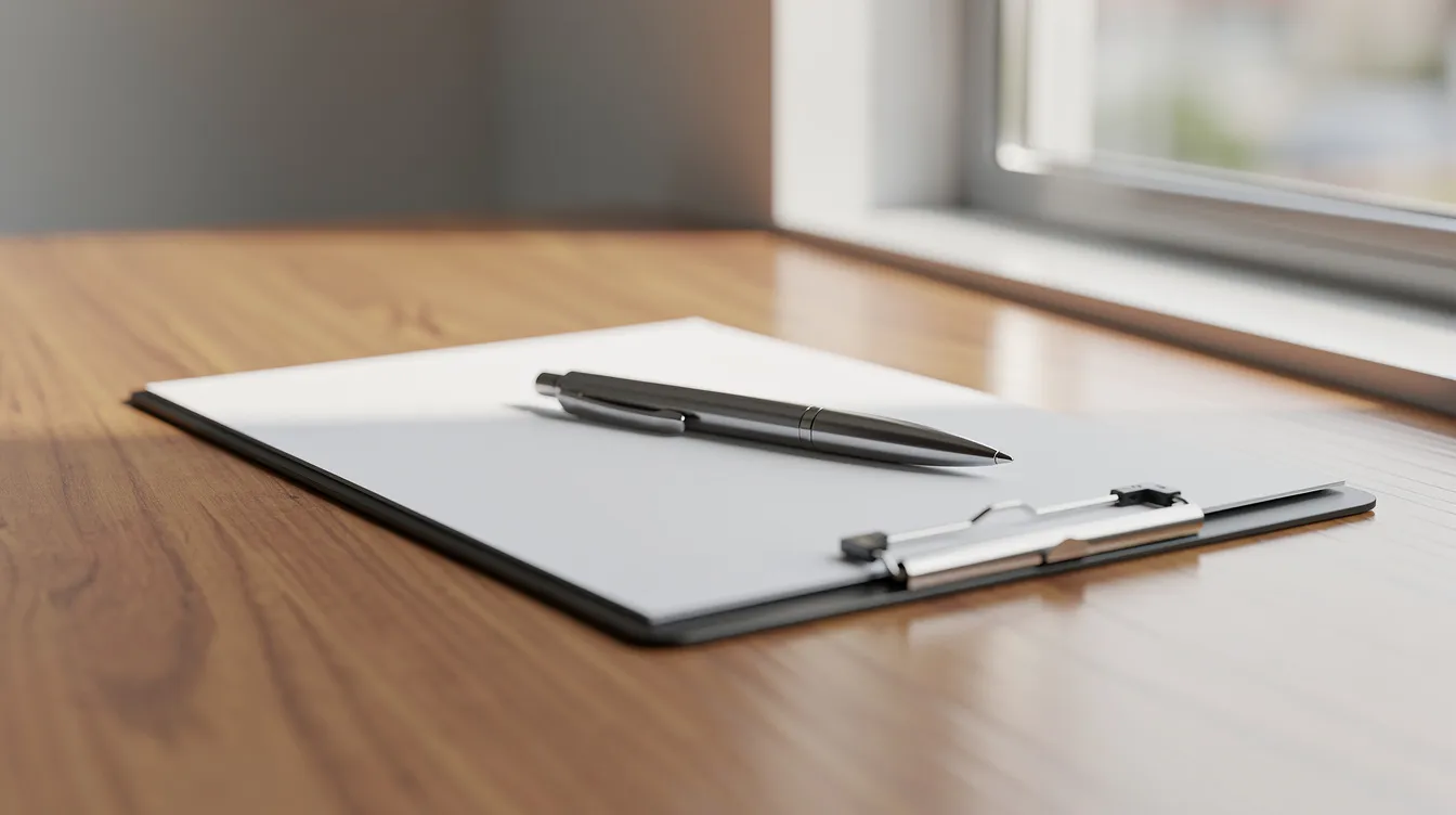 The image shows a clipboard with a pen resting on top, placed on a wooden desk by a window, suggesting a workspace for planning and organization. This setup could be used for creating an emergency plan or managing documentation related to support services under the national disability insurance scheme.