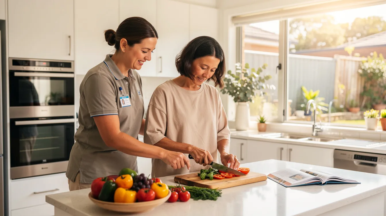 A support worker is assisting a person with cooking in a bright, modern Australian kitchen, showcasing the importance of daily support in fostering independent living skills. This scene highlights the role of support services in helping individuals with disability support needs manage everyday tasks effectively.
