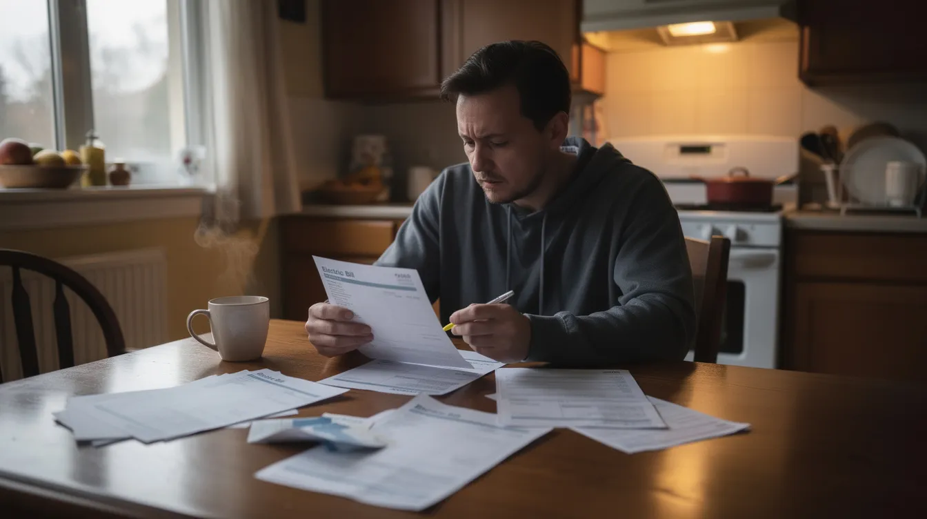 A person is seated at a kitchen table, surrounded by papers and bills, thoughtfully reviewing them while enjoying a cup of tea. This scene reflects the daily tasks involved in managing independent living and the associated support costs.