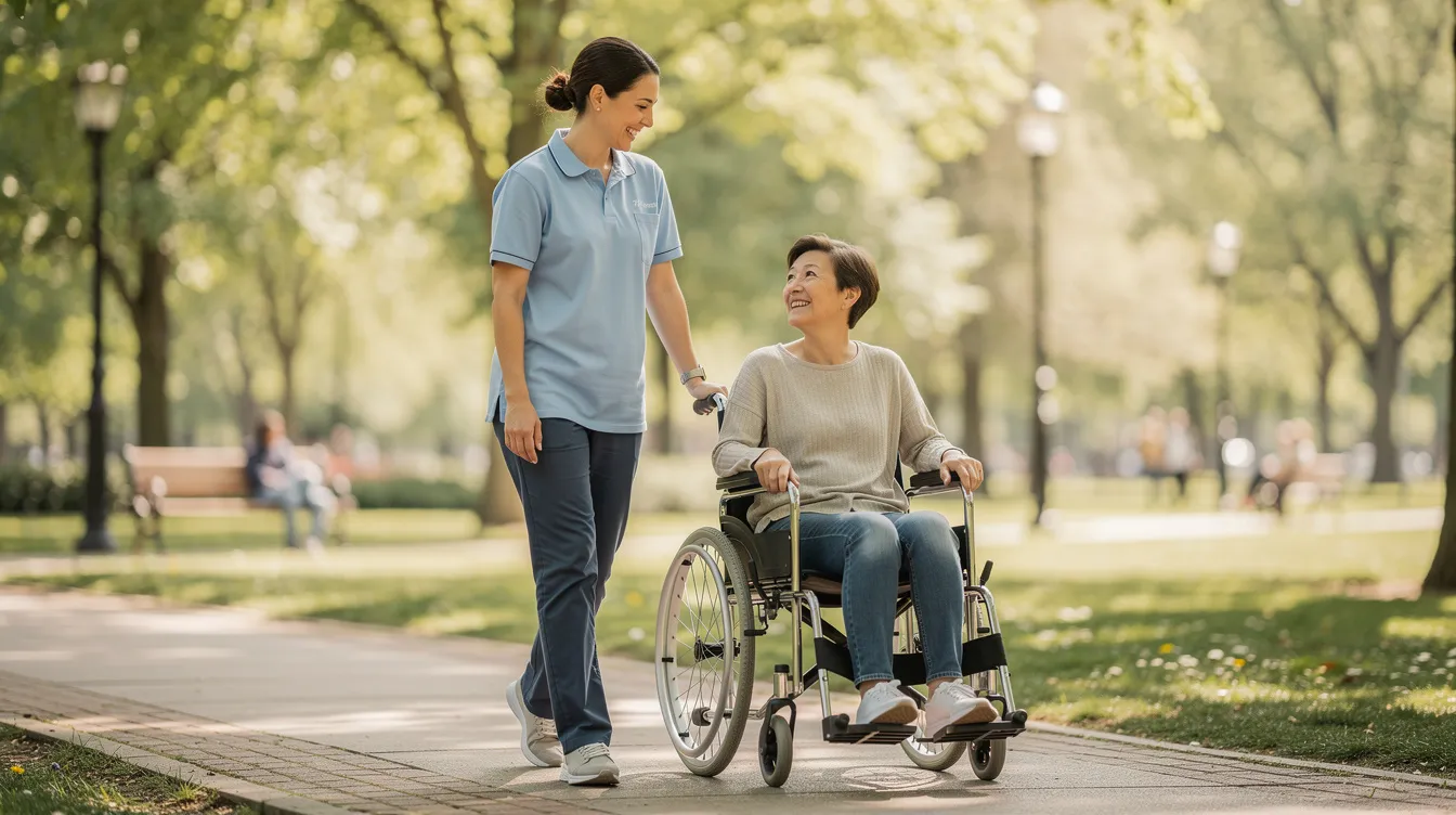 A confident support worker, smiling and approachable, walks alongside a person using a wheelchair in a park, showcasing the importance of community participation and emotional support provided by disability support workers. This scene highlights the dedication of NDIS support workers in enhancing the quality of life for individuals with disabilities.