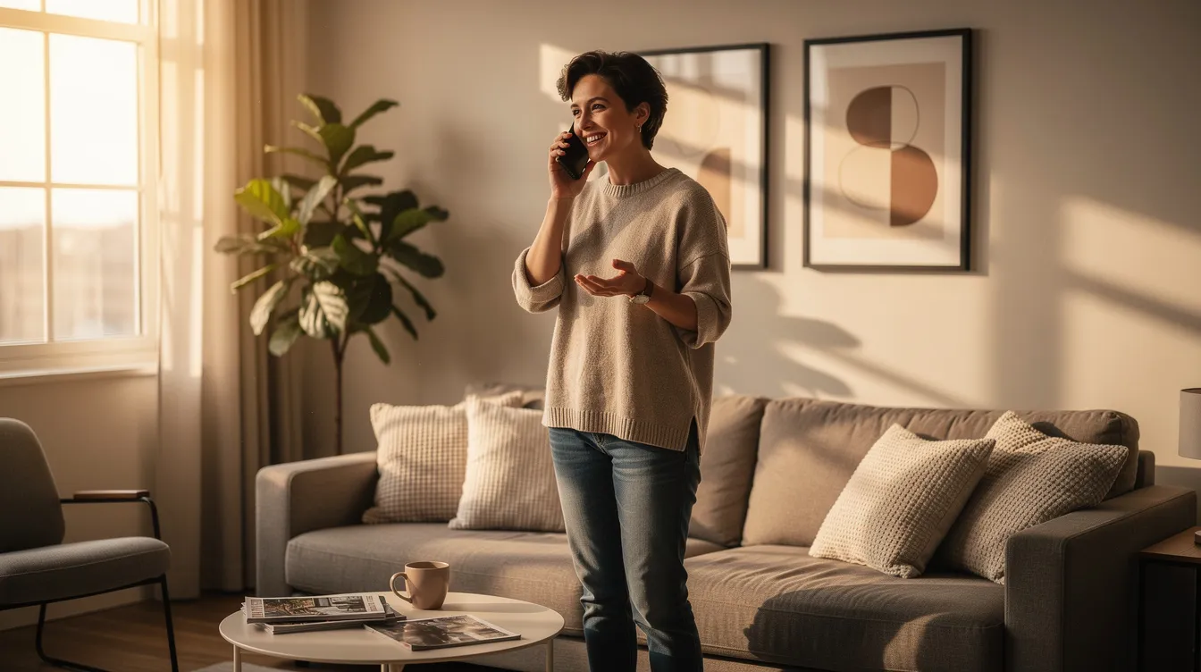A confident person is talking on the phone in their living room, demonstrating effective communication skills. This scene reflects the importance of building connections and maintaining quality support in the NDIS journey.