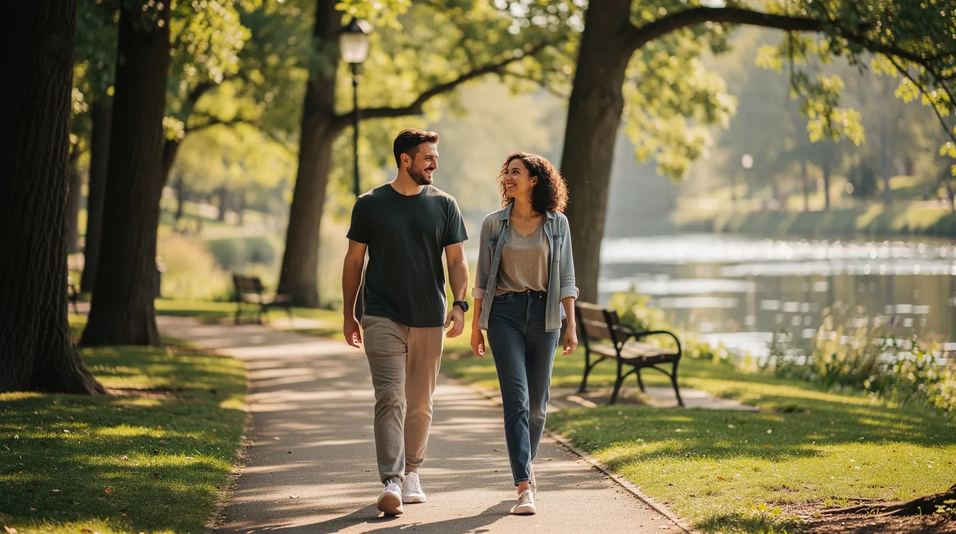 Two people stroll together through a lush park, surrounded by tall trees and a serene river in the background, symbolizing community participation and the importance of social support in enhancing quality of life for individuals with disabilities. This scene reflects the essence of the National Disability Insurance Scheme (NDIS) and the personalized support it offers to enhance well-being and independence.