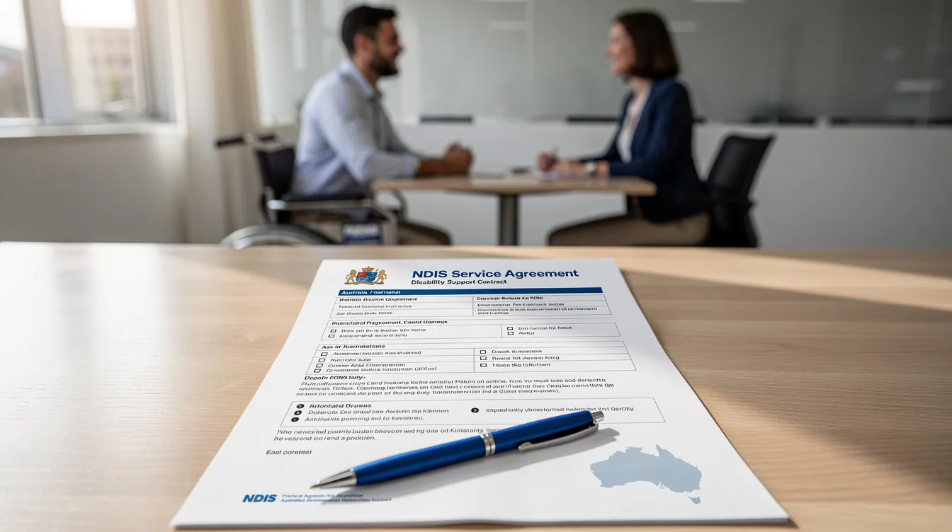 The image depicts a document titled "NDIS Service Agreement," outlining the responsibilities and expectations of both the participant and the service providers. It emphasizes clarity in details, support services, and the importance of feedback to ensure the protection and respect of individuals with disabilities.