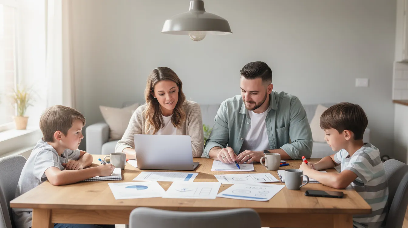 A family is gathered around a dining table, reviewing documents and using a laptop as they prepare for an important NDIS planning meeting. They are discussing their child's needs and supports, aiming to organize all the necessary information for a successful planning process.