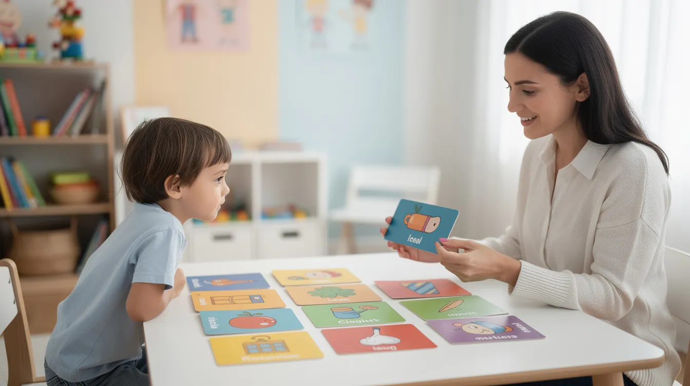 A child is actively participating in a speech therapy session with a therapist who is using colorful cards to facilitate communication. The session aims to support the child's development and enhance their ability to speak, making everyday activities easier and contributing to their long-term goals.