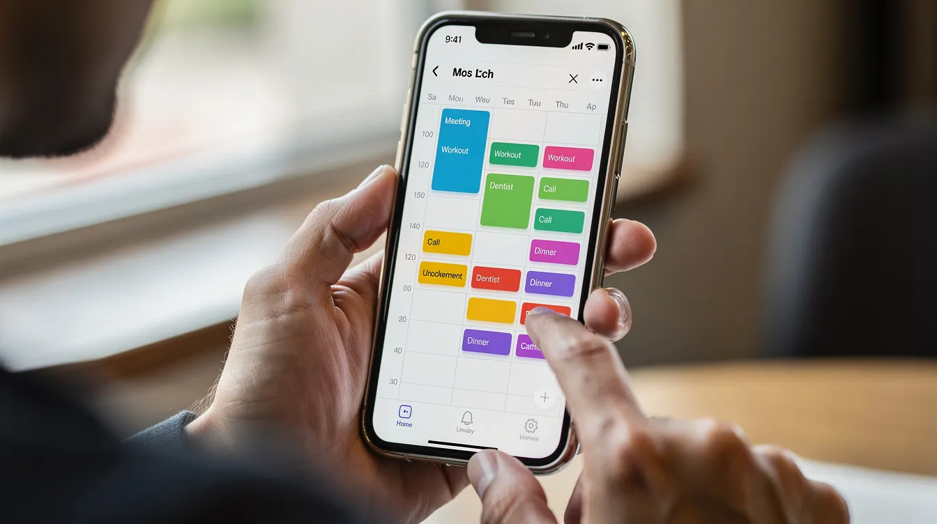 The image shows a person interacting with a smartphone calendar app, displaying colorful appointment blocks for various scheduled events. This visual representation may relate to managing appointments and understanding cancellation policies, such as those outlined in the NDIS cancellation policy for disability support services.