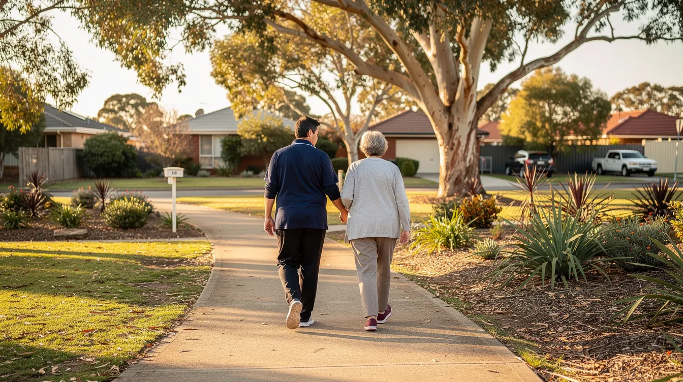 A disability support worker and a participant stroll through a vibrant park in an Australian suburb, engaging in conversation that fosters social connection and well-being. This scene highlights the importance of quality support and the right support worker in the NDIS journey, creating a safe and comfortable environment for the participant.