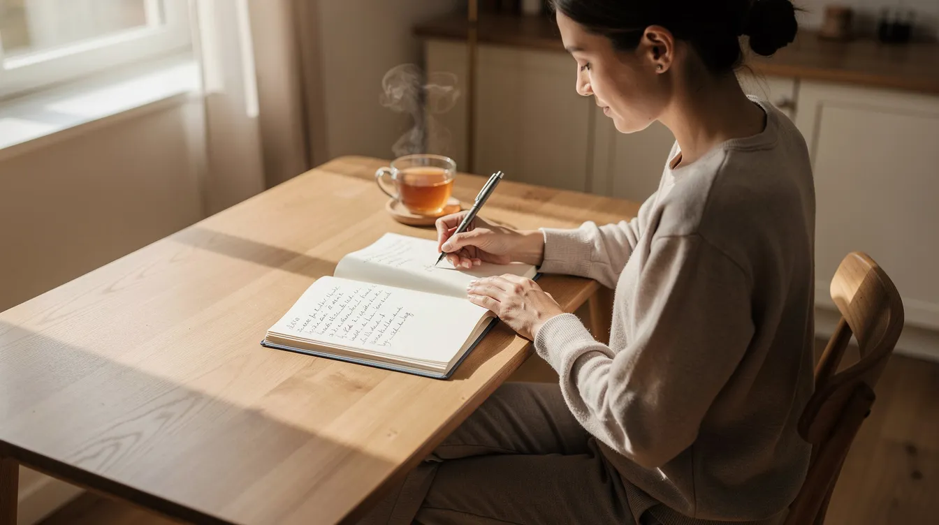A parent is seated at a desk, diligently writing notes in a notebook while a cup of tea sits beside them, preparing for their child's NDIS planning meeting. This scene captures the essence of organizing important information and resources to support their child's disability needs and long-term goals.