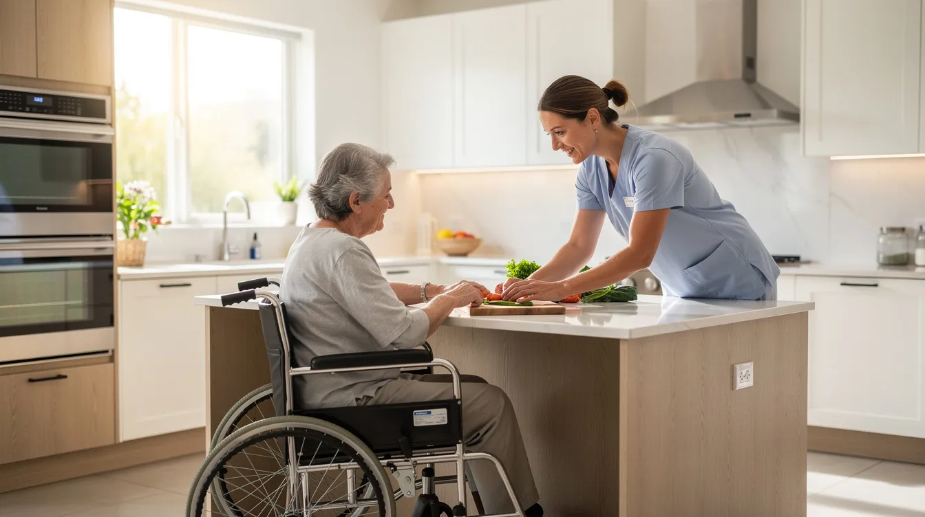 A support worker is helping a person in a wheelchair with meal preparation assistance in a bright, modern kitchen, showcasing the importance of personal care support in daily life. The scene emphasizes respectful support and tailored assistance to promote independence and maintain dignity during everyday activities.