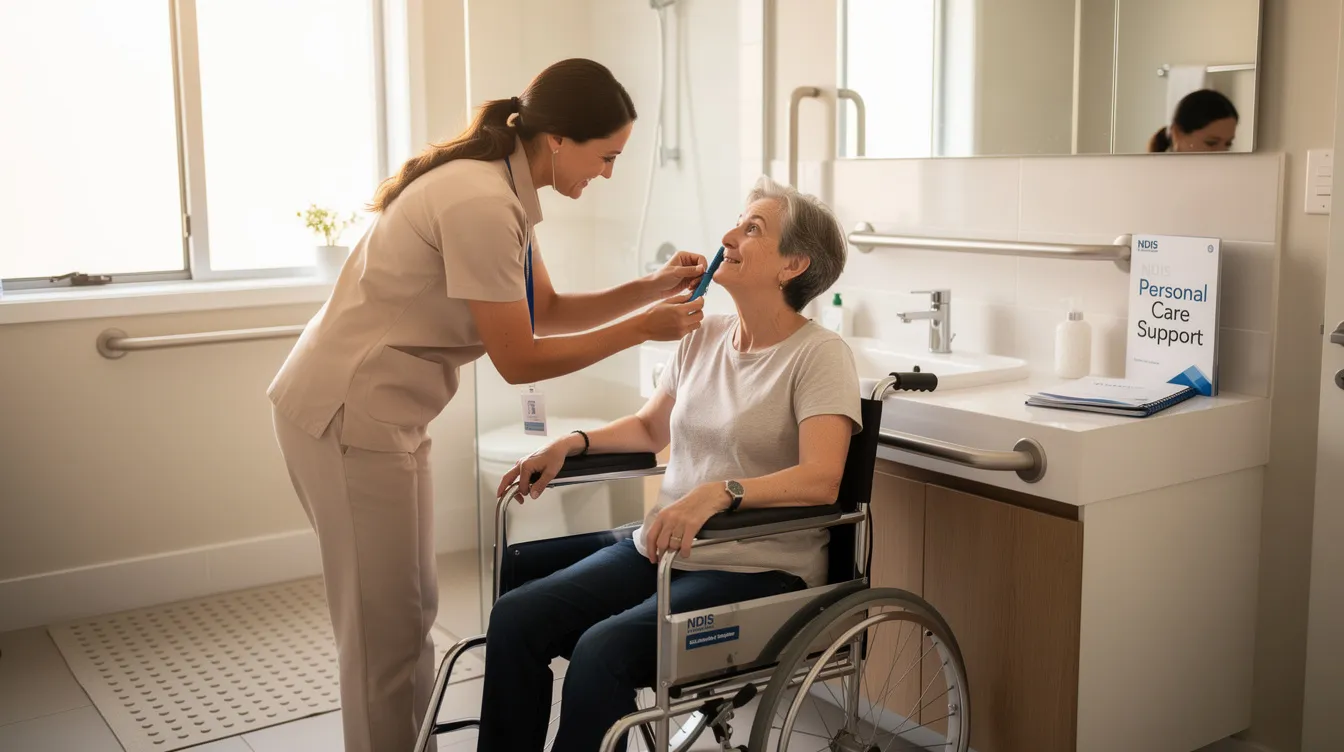 The image depicts a support worker providing personal care assistance to an individual in their own home, showcasing a respectful and tailored approach to daily personal activities. The scene emphasizes the importance of maintaining independence and dignity through NDIS personal care services, with the worker assisting with personal hygiene and daily routines.
