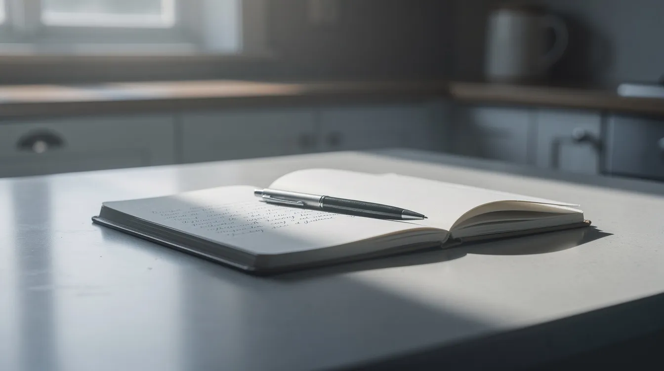 A notebook and pen are placed on a kitchen table, representing the importance of documenting concerns related to NDIS support workers and ensuring the right support for individuals with disabilities. This image emphasizes the need for quality support and communication in the NDIS journey.