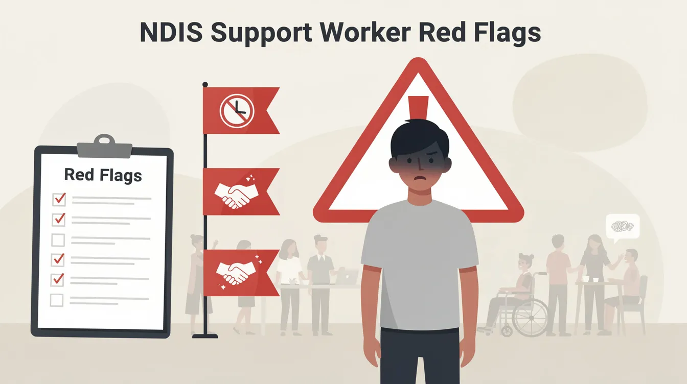 The image depicts various "red flags" to watch for when selecting an NDIS support worker, including signs of negative attitude, lack of professionalism, and failure to respect boundaries. It emphasizes the importance of choosing the right support worker to ensure quality support and safety for NDIS participants on their journey towards independence and well-being.