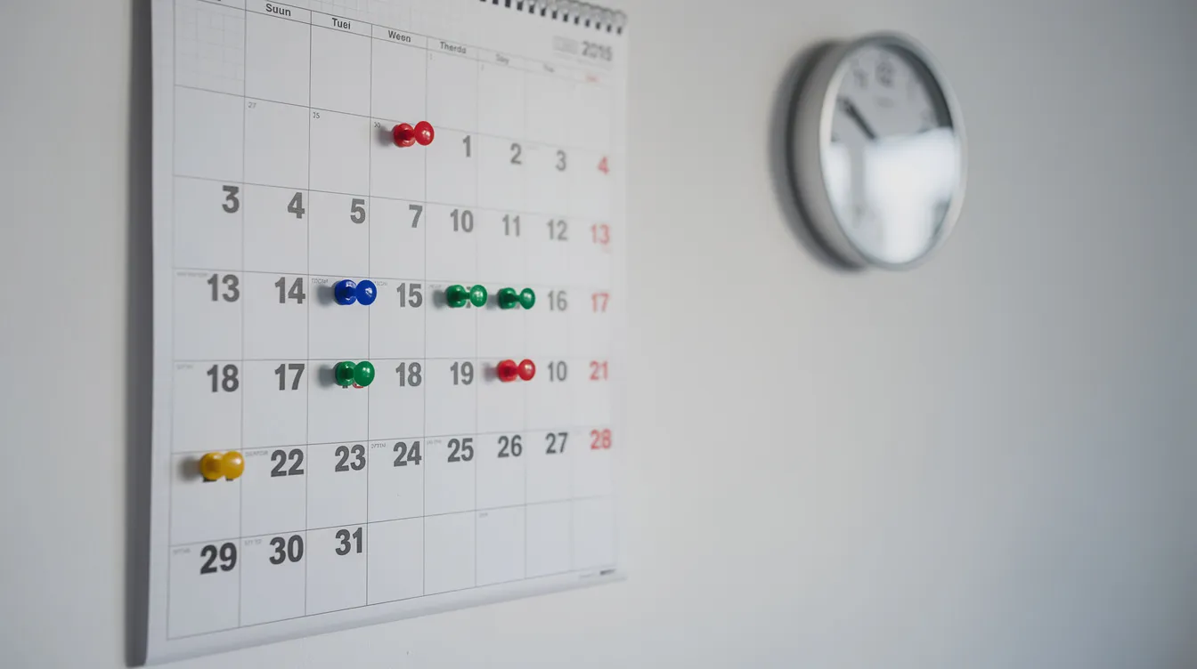 The image shows a wall calendar adorned with colorful pins marking specific dates, indicating important appointments or events, while a clock is visible in the background, suggesting the importance of timely scheduling. This visual representation can relate to the concepts of cancellation policies and notice periods within service agreements, particularly for disability support worker services under the National Disability Insurance Scheme (NDIS).