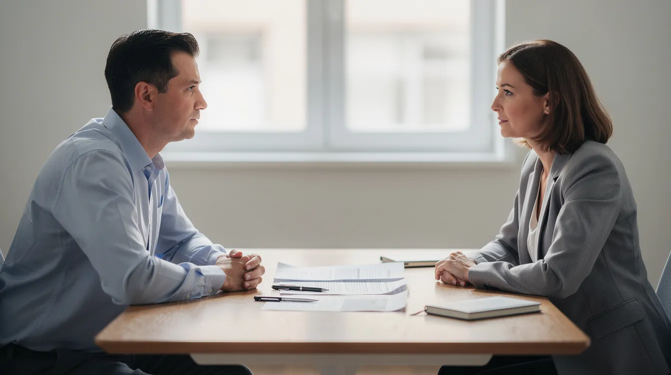 The image shows two people seated at a table engaged in a calm discussion, with various paperwork, including a service agreement, spread out between them. This setting suggests a meeting focused on support coordination services, where they may be addressing the NDIS plan and discussing participant needs.