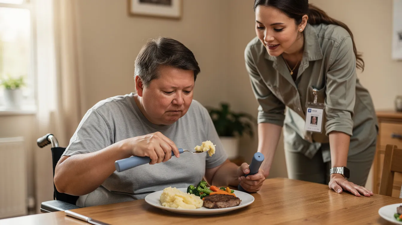 The image shows a person using adaptive cutlery to eat a meal at a dining table, while a support worker stands nearby, providing respectful support and personal care assistance. This scene highlights the importance of tailored support in promoting independence and enhancing daily life for individuals with specific needs.