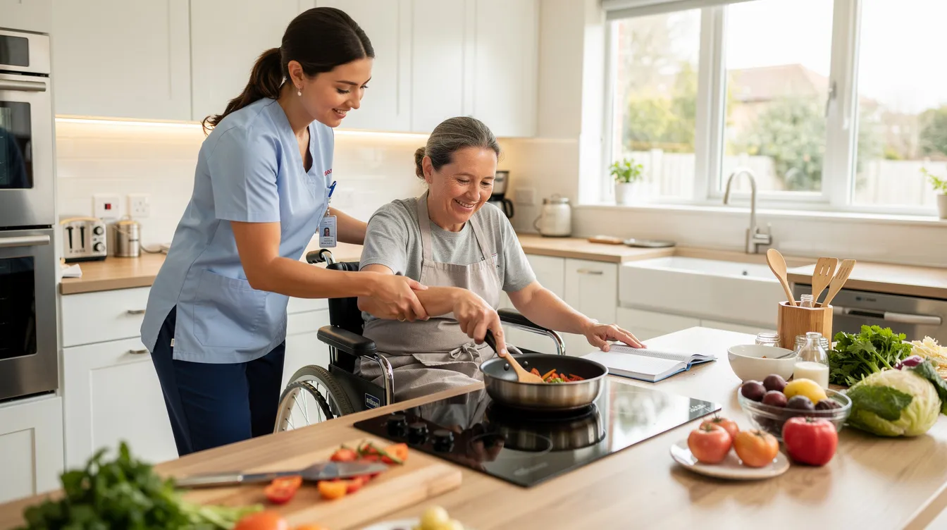 A support worker and a person with a disability are joyfully cooking together in a bright, modern kitchen, showcasing community participation and the importance of supporting clients in daily activities. The scene highlights the collaboration between disability support workers and NDIS participants, emphasizing skills development and independence in meal preparation.