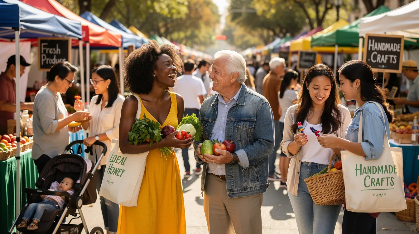A diverse group of people is enjoying a vibrant outdoor community market, engaging in social activities and shopping together. The scene highlights the importance of community participation and support, showcasing the joyful interactions that enhance quality of life for individuals, including those with disabilities.