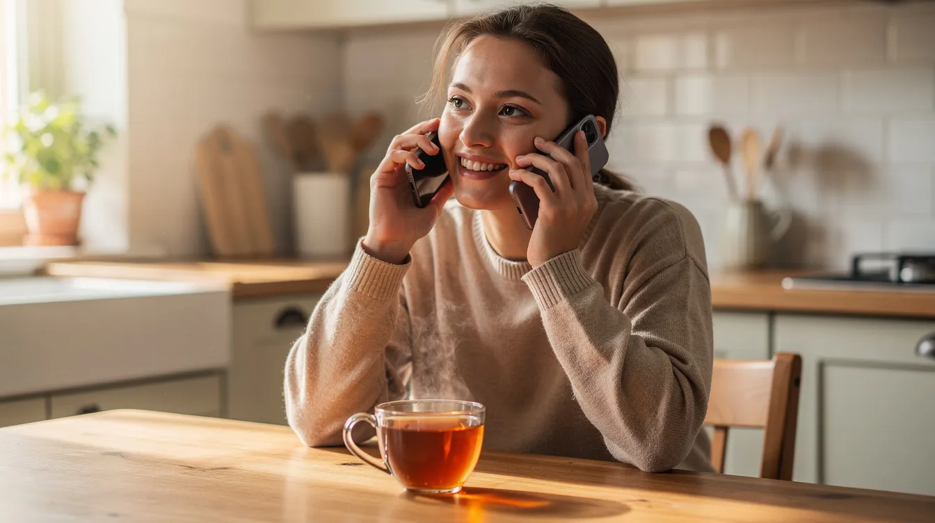 A person is smiling while talking on the phone at a kitchen table, with a cup of tea in front of them, creating a warm and inviting atmosphere. This scene reflects the importance of emotional support and community participation in daily life, which are essential aspects of NDIS services in Launceston.
