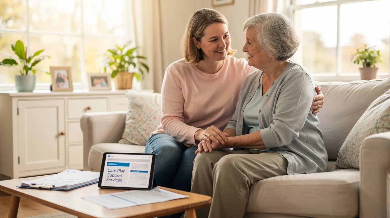 The image depicts a caring daughter assisting her elderly mother, highlighting the importance of aged care support within the family. This scene reflects the emotional bond and practical assistance that can be essential for older Australians navigating the aged care system and NDIS supports.