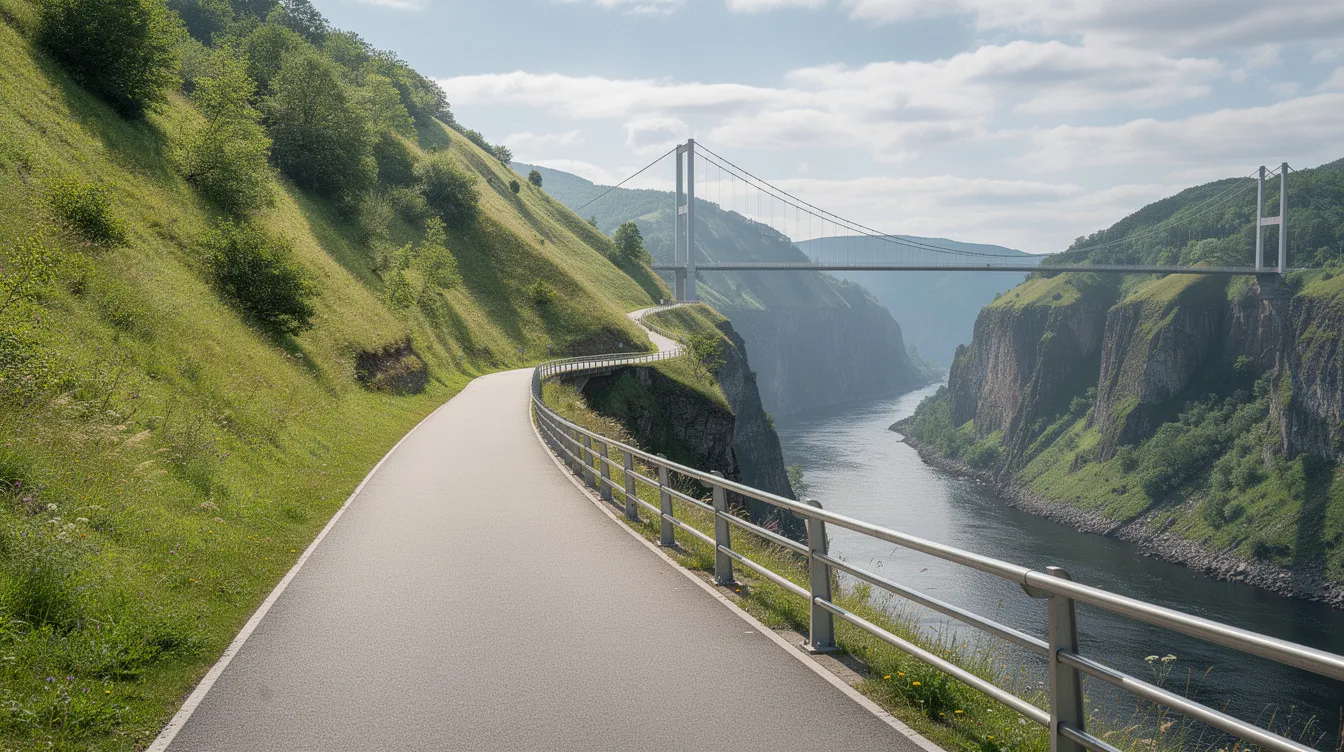 The image depicts a wide, sealed walking path along a river gorge, surrounded by lush green hillsides, with a suspension bridge in the background. This scenic route offers easy access for wheelchair users and is part of the accessible parks and national parks in Tasmania, providing a perfect setting for an enjoyable holiday.