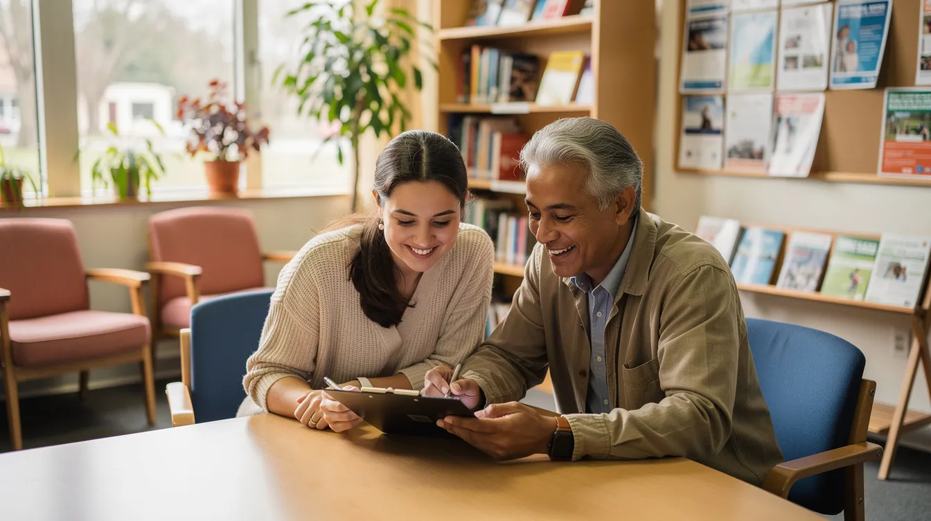 A support worker and a participant are collaborating in a community setting, discussing the participant's NDIS plan and future goals. They are actively engaging in a process that focuses on capacity building and ensuring effective support services tailored to the participant's needs.