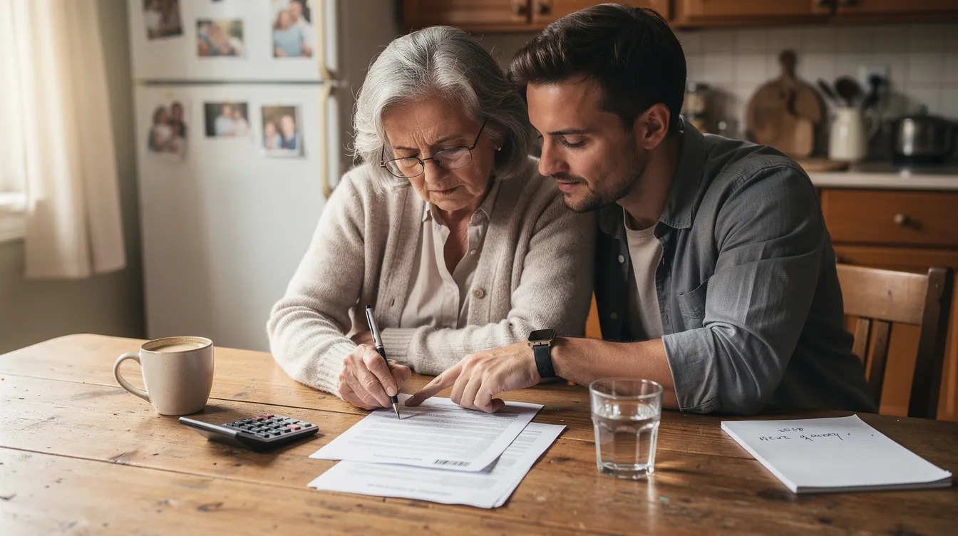 An elderly person and their adult child are seated at a kitchen table, reviewing paperwork together, likely discussing options related to aged care services and support programs. The scene reflects the importance of family involvement in navigating the aged care system and planning for care needs as one turns 65 or beyond.