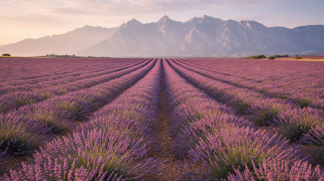 A vibrant lavender field is in full bloom, showcasing a stunning array of purple flowers that stretch toward distant mountains under a clear sky. This picturesque scene highlights the beauty of nature, perfect for visitors seeking accessible parks and easy access to Tasmania's remarkable landscapes.