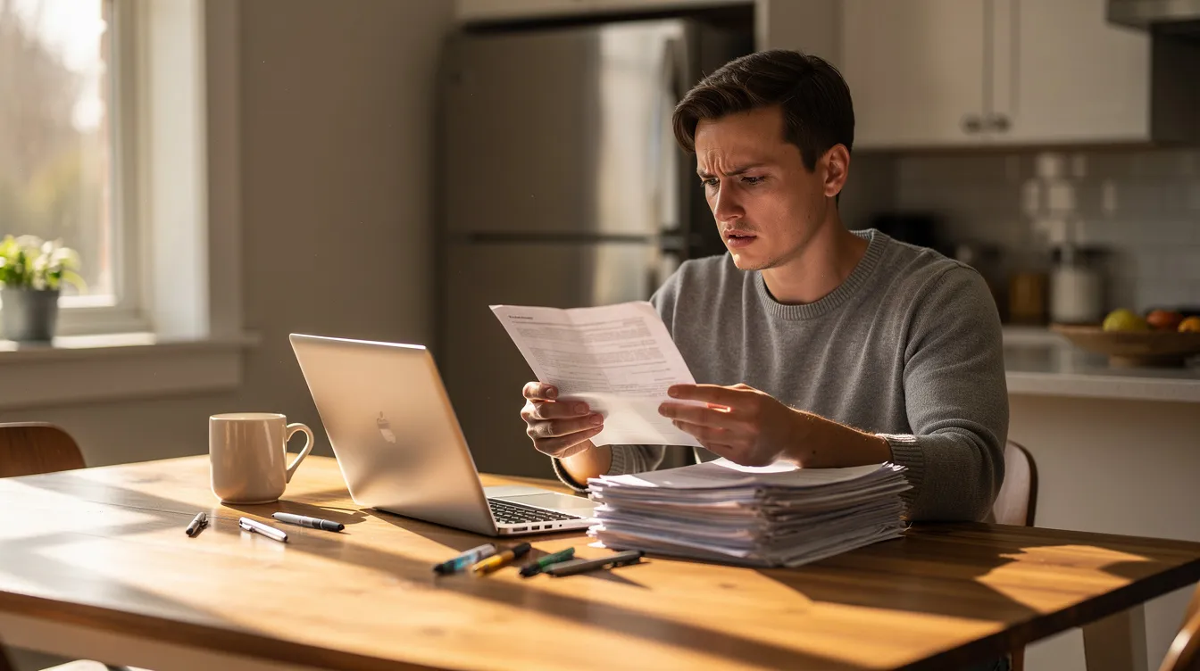 A person is seated at a kitchen table, attentively reviewing paperwork and working on a laptop, likely involved in the process of their NDIS plan review. This scene reflects the importance of understanding funding, support services, and future plans for participants with disabilities.