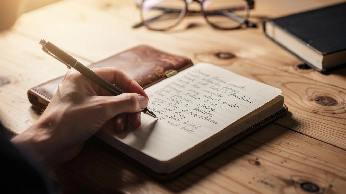 A close-up image shows a person writing notes in a small diary on a wooden table, highlighting the importance of personal reflection and organization. This simple act can play a significant role in the lives of individuals utilizing disability support services, helping them to articulate their needs and goals effectively.
