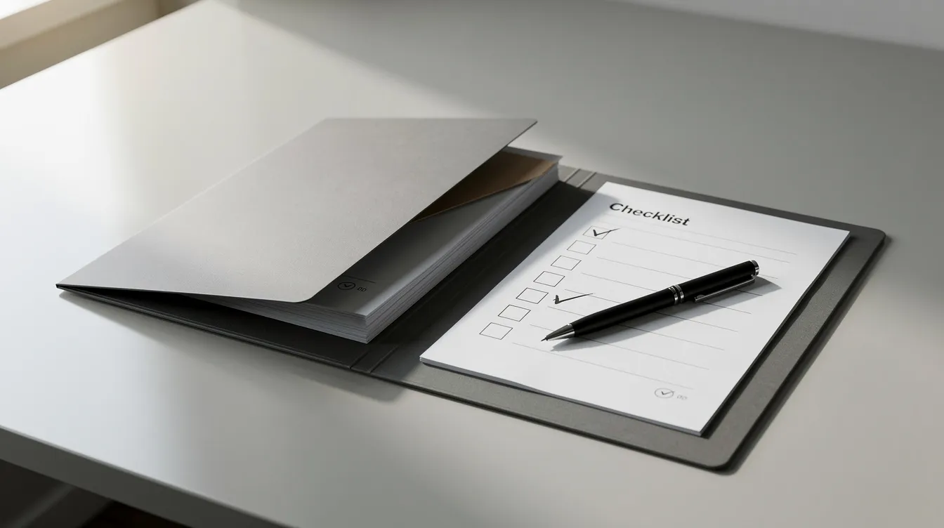 The image depicts an organized folder containing various papers, a checklist, and a pen neatly placed on a clean desk, symbolizing preparation for a support coordination meeting. This setup reflects the essential tools needed for discussing an NDIS plan and ensuring good support coordination for individuals with complex needs.