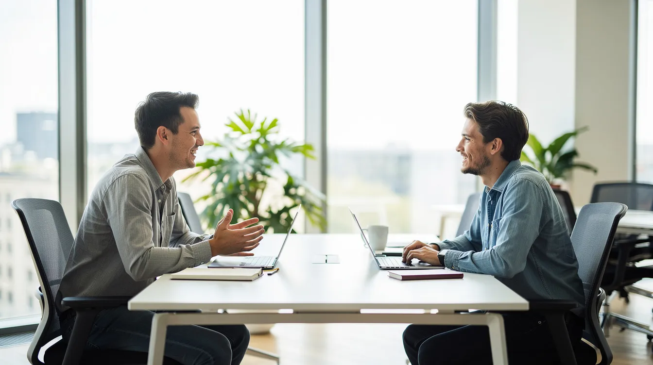 In a bright office setting, two individuals are engaged in a friendly conversation across a table, discussing important topics related to support coordination and the NDIS system. Their relaxed demeanor suggests a collaborative effort to address concerns and achieve positive outcomes for their clients.