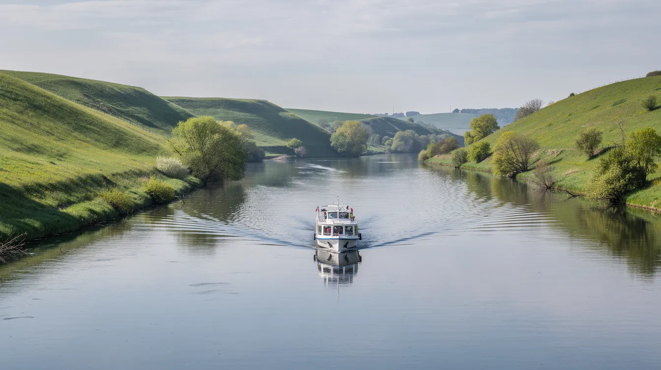 A small cruise vessel glides along a calm river, surrounded by lush green hills on either side, creating a serene atmosphere perfect for visitors seeking an easy and fun holiday. This picturesque setting is part of Tasmania's national parks, where accessible activities enable all travellers to enjoy the remarkable coastal views and wildlife encounters.
