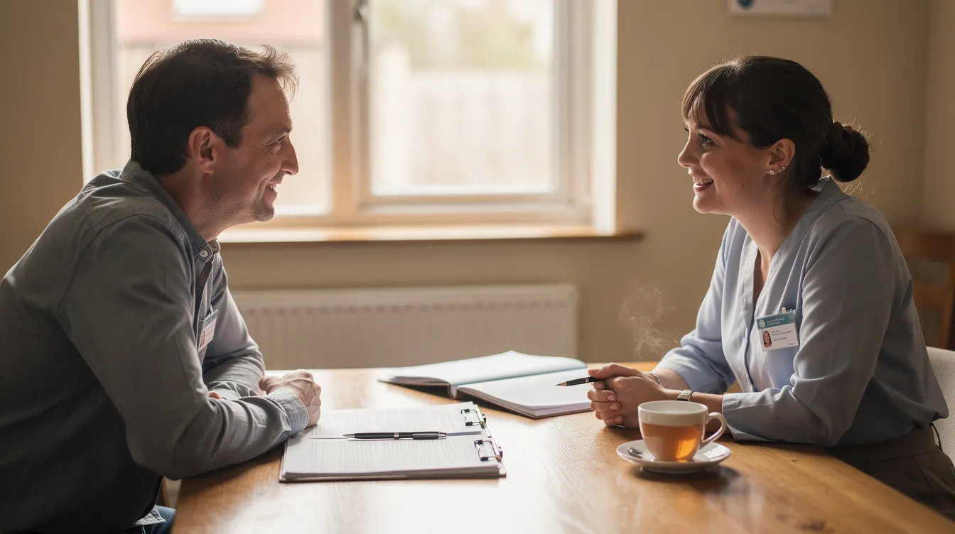 A person is seated at a table with a support coordinator, engaging in a friendly discussion while reviewing documents and sipping tea, symbolizing a supportive atmosphere during their first support coordination meeting. The scene reflects the importance of good support coordination in navigating the NDIS plan and addressing the participant's needs.