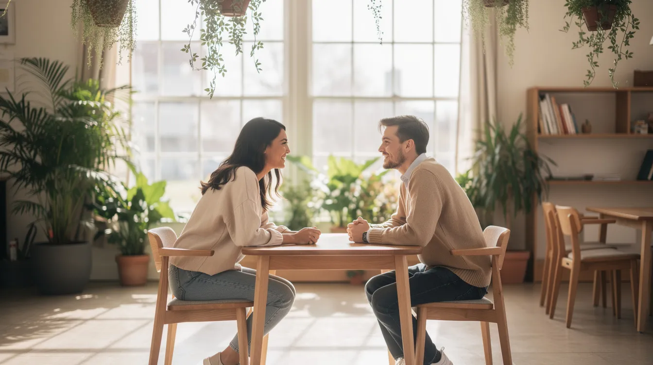 Two individuals are engaged in a warm and relaxed conversation in a bright community space adorned with plants, creating a welcoming atmosphere for discussing support coordination services. This setting is ideal for a first support coordination meeting, where they can explore the participant's preferences and immediate priorities related to their NDIS plan.