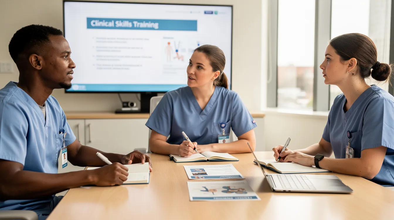 Three healthcare workers are seated around a table, engaging in a training session focused on improving the quality of disability support services. They discuss strategies to enhance NDIS services and address the challenges faced by NDIS participants, particularly in rural and remote areas.