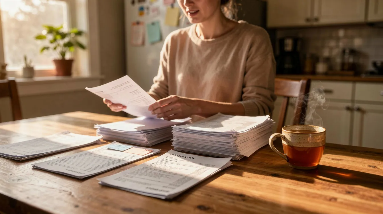 A person is seated at a kitchen table, meticulously organizing paperwork while a steaming cup of tea sits nearby. This scene reflects the importance of managing daily tasks and maintaining mental health, which can be supported through services like the NDIS for individuals facing mental health challenges.