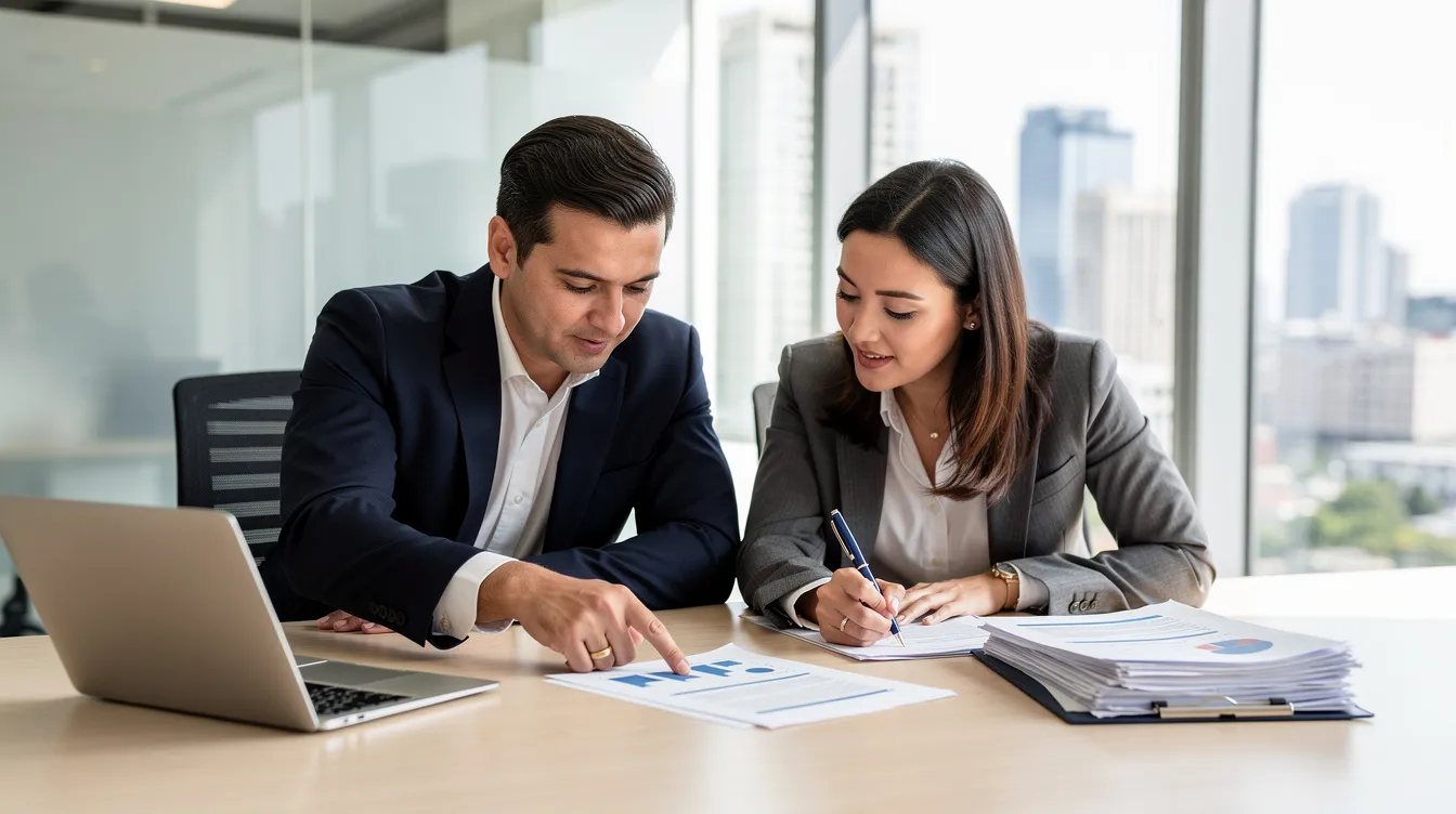 In a meeting room, two individuals are engaged in a collaborative review of documents, likely discussing an NDIS plan and its associated funding. They focus on future plans and outcomes, ensuring they fully understand the necessary support and services for participants.