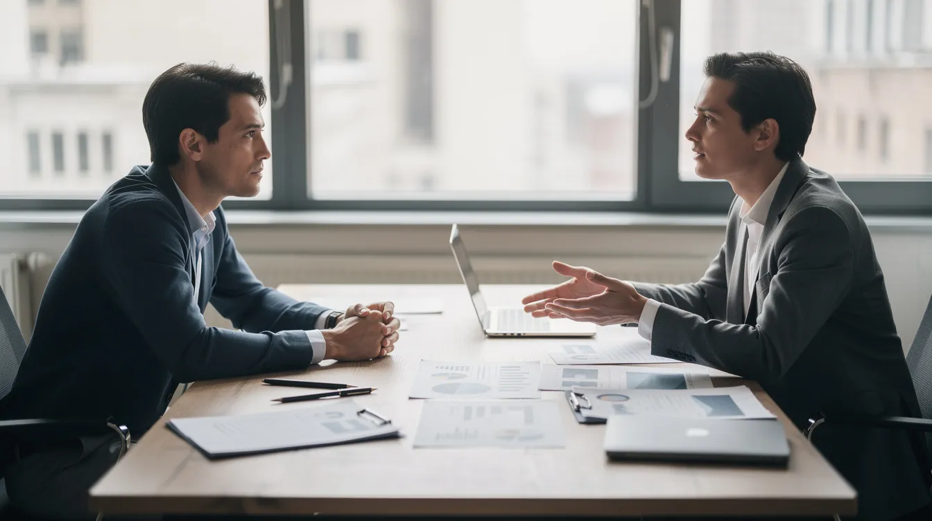 The image depicts two individuals seated at a table, engaged in a calm conversation while reviewing documents related to disability support services. This setting reflects the importance of informed choices and advocacy services for people with disabilities, ensuring access to quality supports and better outcomes.