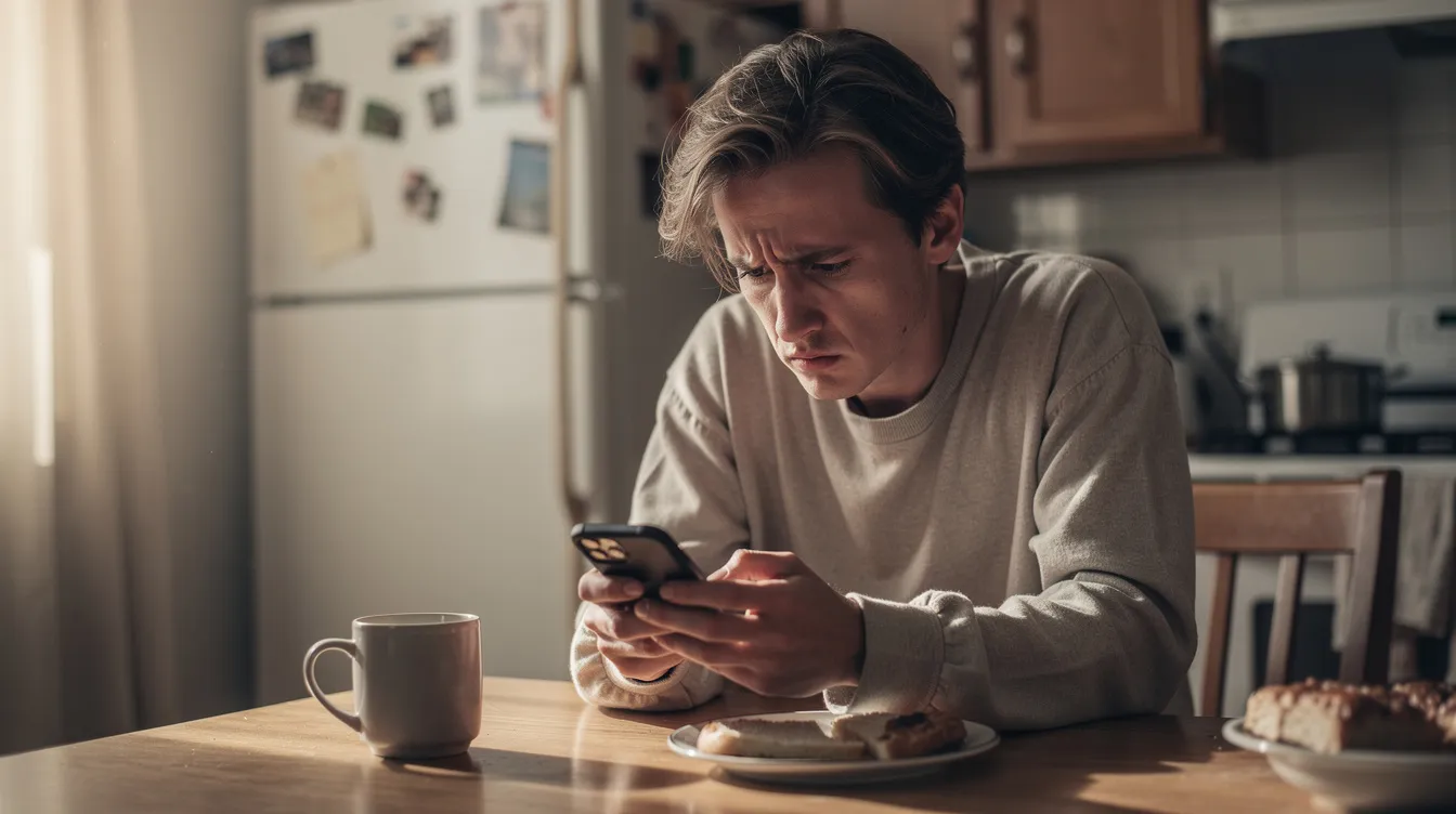 A person sits at a kitchen table, looking at their phone with a concerned expression, possibly reflecting on their current support coordination or issues related to their NDIS plan. This moment captures the challenges faced by individuals navigating the NDIS system and the importance of effective communication with support coordinators.