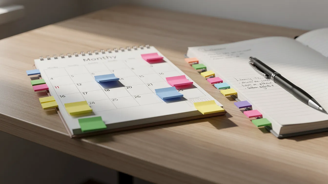 The image features a desk with a calendar and a notebook, both adorned with colorful tabs marking important dates. This setup suggests a focus on organization and planning, which is essential for managing an NDIS plan and tracking support services effectively.