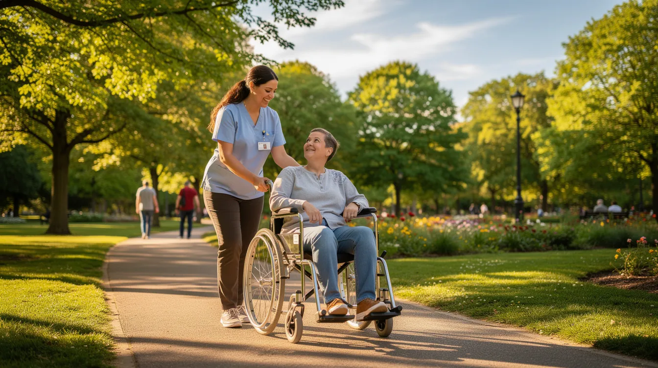 A support worker walks alongside a person in a wheelchair in a sunny park, highlighting the importance of quality disability support and advocacy services for individuals with complex needs. This scene emphasizes the role of support workers in enhancing the lives of people with disabilities, promoting exercise choice and community engagement.