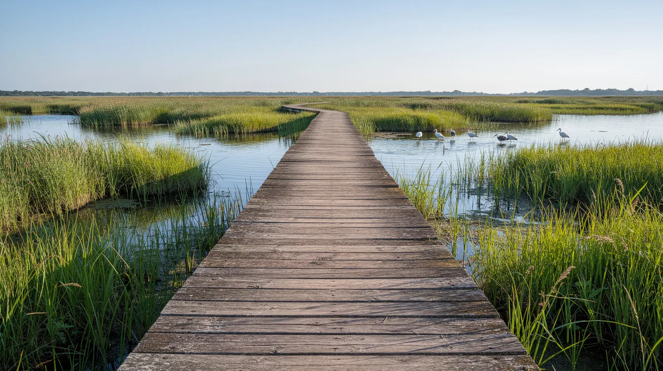 The image depicts a wooden boardwalk meandering through lush green wetlands, with various water birds visible in the distance, showcasing a peaceful natural habitat. This area is part of the accessible parks in Tasmania, allowing visitors, including wheelchair users, to enjoy wildlife encounters and the beauty of nature.