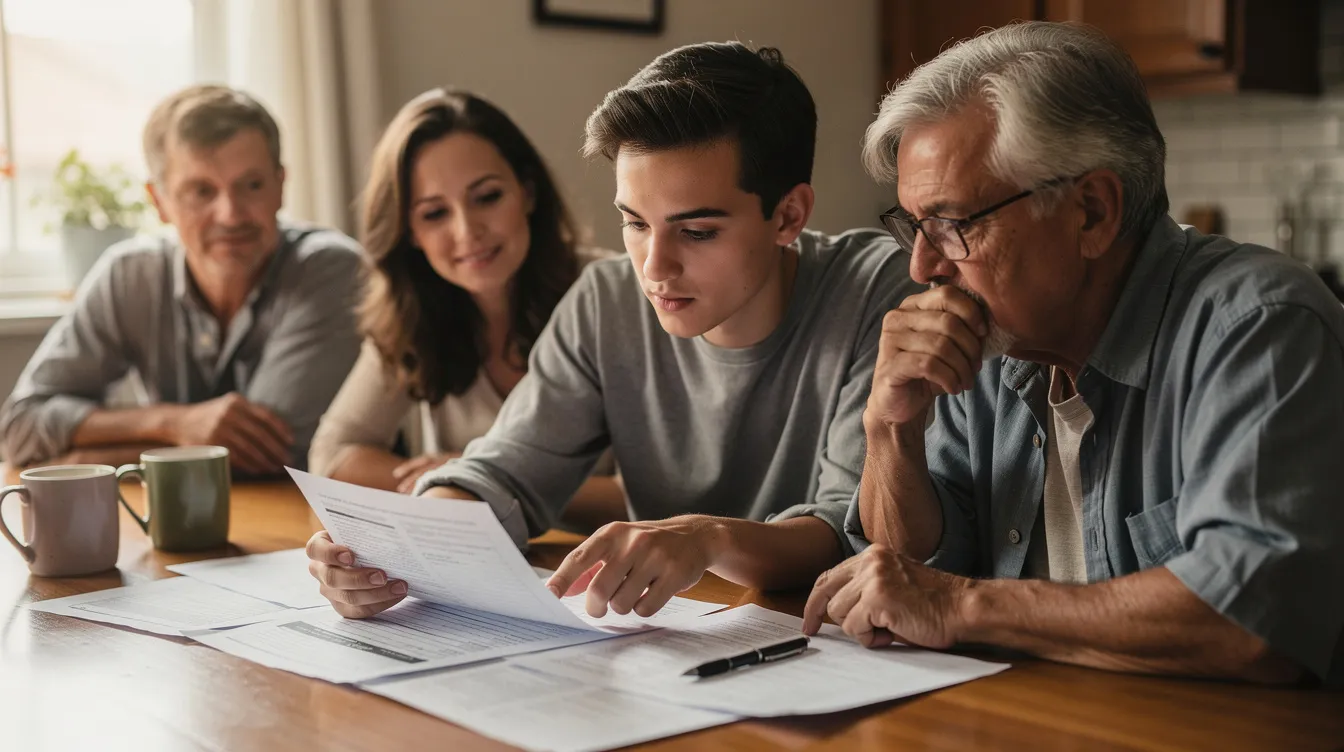 A younger person and an older family member sit together, reviewing documents related to their NDIS plan during a support coordination meeting. The atmosphere is collaborative as they discuss their support needs and immediate priorities.