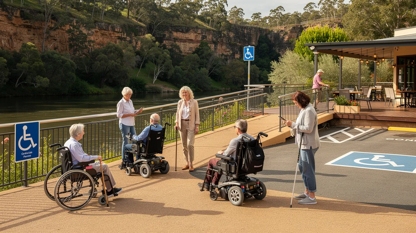 The image showcases a beautifully accessible park in Launceston, featuring wide pathways suitable for wheelchair users and disability access parking zones nearby. Visitors can enjoy the stunning natural beauty and participate in easy and fun holiday activities, with amenities like accessible toilets and wheelchair accessible buses available for convenience.