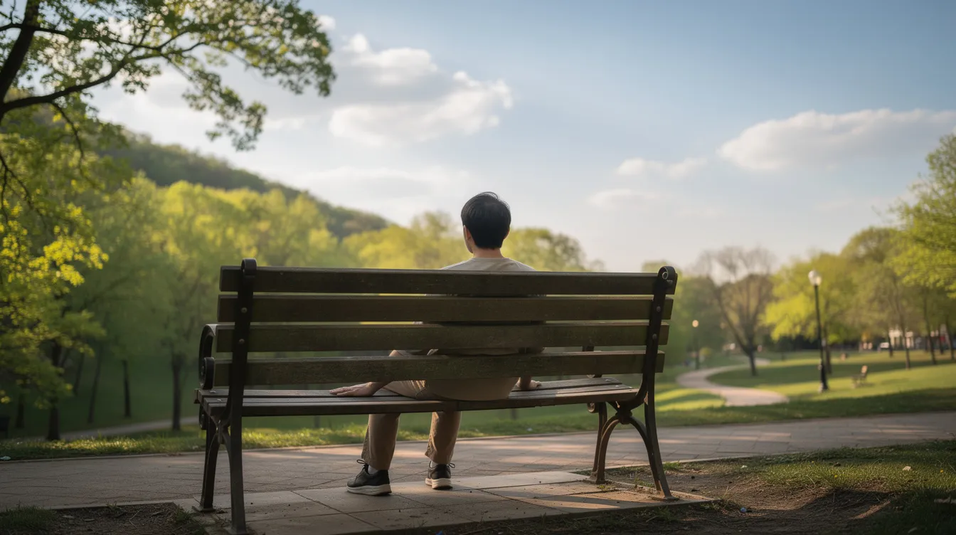 A person sits peacefully on a park bench, gazing at the lush green trees and expansive blue sky, reflecting a moment of tranquility that can support mental health and well-being. This serene scene highlights the importance of community participation and the benefits of engaging with nature for those navigating mental health challenges.