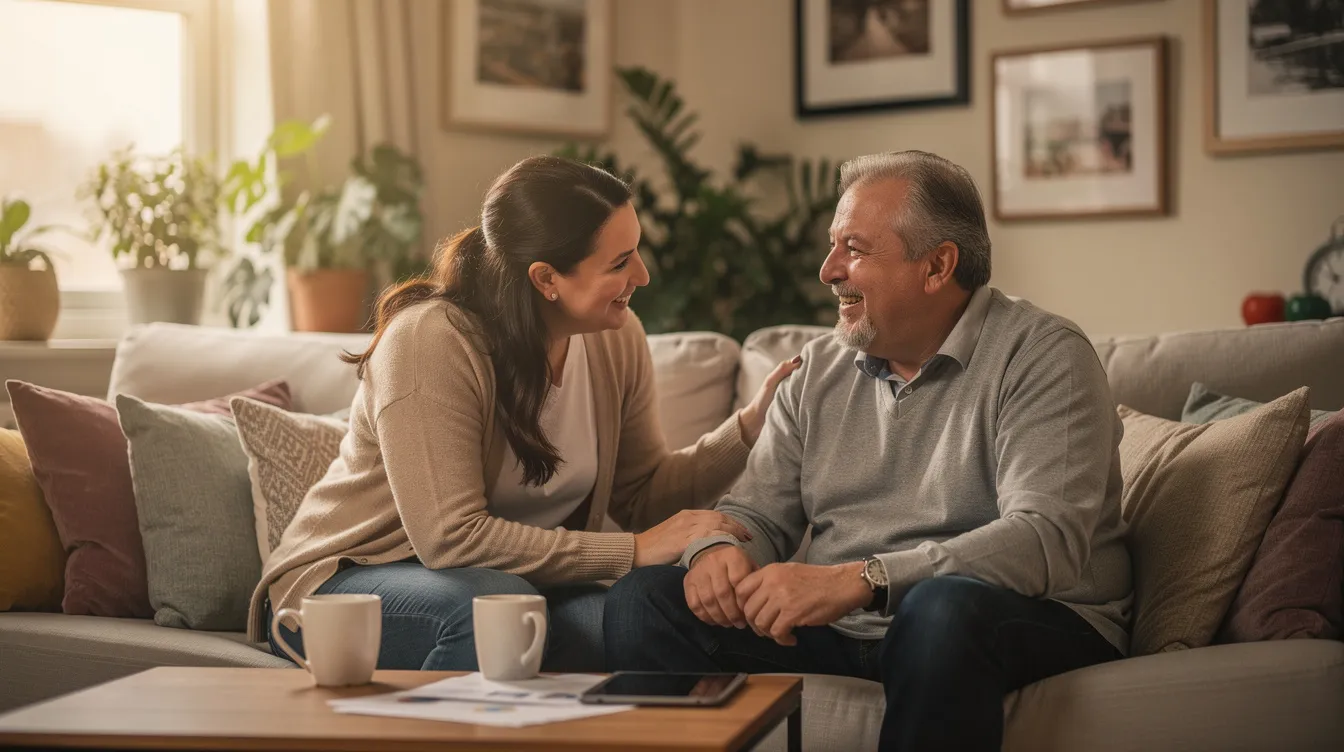 In a cozy home setting, a support worker engages in a friendly conversation with a person with a disability, fostering a positive and respectful atmosphere. The discussion emphasizes the importance of communication and support in addressing any concerns or feedback related to disability services.