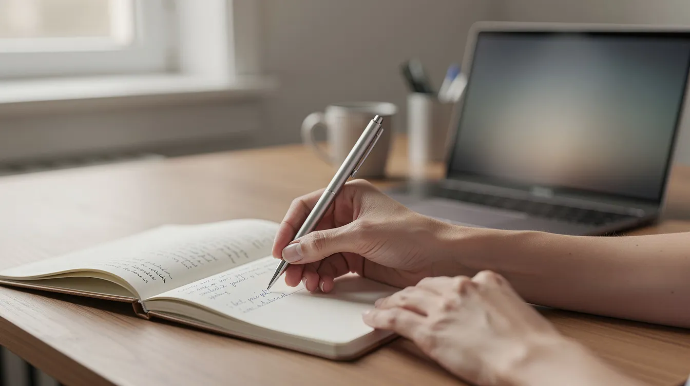 The image shows a person diligently writing notes in a notebook while seated at a desk beside a laptop, likely organizing their thoughts related to support coordination or managing an NDIS plan. This scene reflects the importance of effective communication and planning in achieving positive outcomes for clients within the NDIS system.