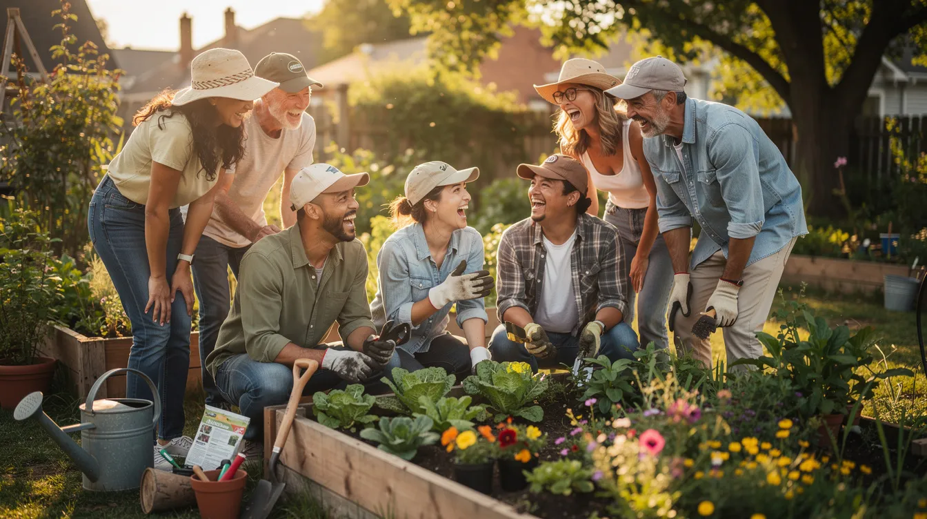 A small group of people is joyfully laughing together while participating in an outdoor community gardening activity, highlighting the importance of social interaction and community participation for mental health support. This engaging environment fosters connections that can aid in overcoming mental health challenges and promote a fulfilling life.