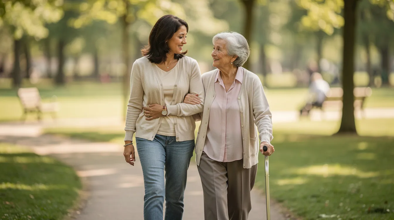 A middle-aged woman and her elderly mother walk together through a park, enjoying each other's company and the fresh air. This scene highlights the importance of family support and community participation in aged care, emphasizing the value of companionship in the lives of older Australians.