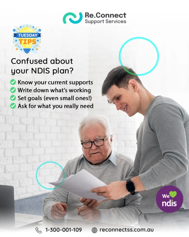Confused about your NDIS plan?
Here’s a quick checklist to help you feel more confident during plan reviews:
✅ Know your current supports
✅ Write down what’s working
✅ Set goals (even small ones!)
✅ Ask for what you really need

Don’t go it alone. Your voice matters.
Need help preparing for your next review? DM us or visit our site for guidance that feels human.
https://reconnectss.com.au/support-coordination/